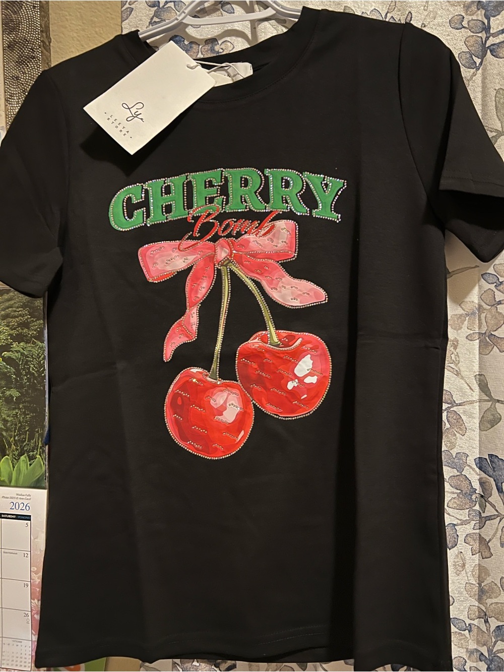 LEEYA Black Cherry Rhinestone Embellished Graphic Tee NWT